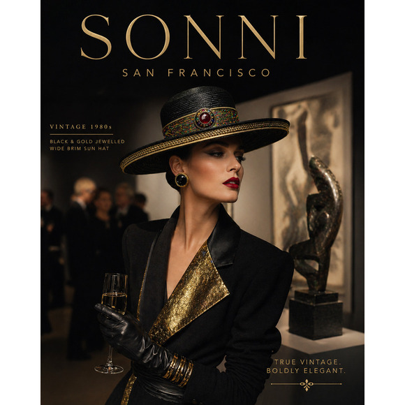 Vintage 1980\'s Sonni SF Black Gold Wide Brim Woven Hat Sequin Jewel Statement